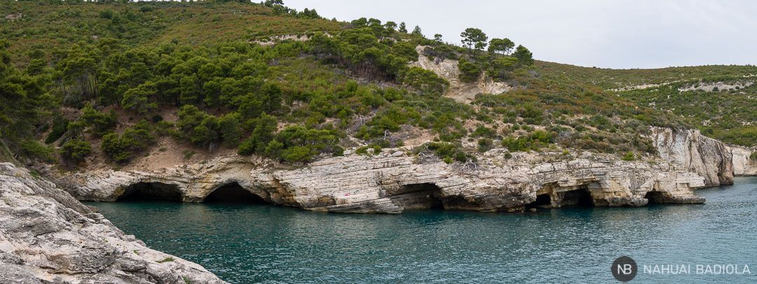 Panoramic view of the sea caves north of Campi Beach, Puglia.